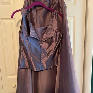 Purple silk skirt and top with sheer shawl.